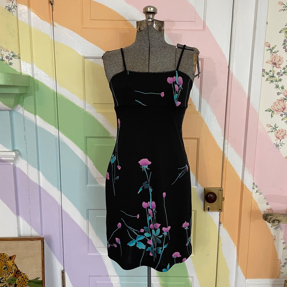 Vintage 90s BCBG Max Azria Floral Mini Slip Dress Sz S 💛🎀 Gothbabe - Picture 2 of 10